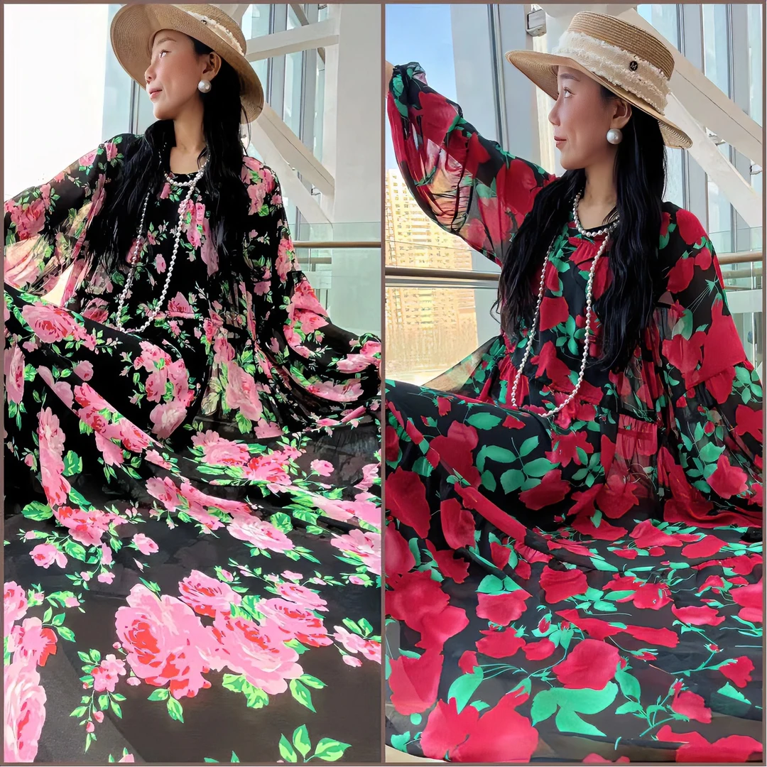607-夏季大码宽松气质显瘦牡丹花碎花连衣裙女装连衣裙长袖时尚
