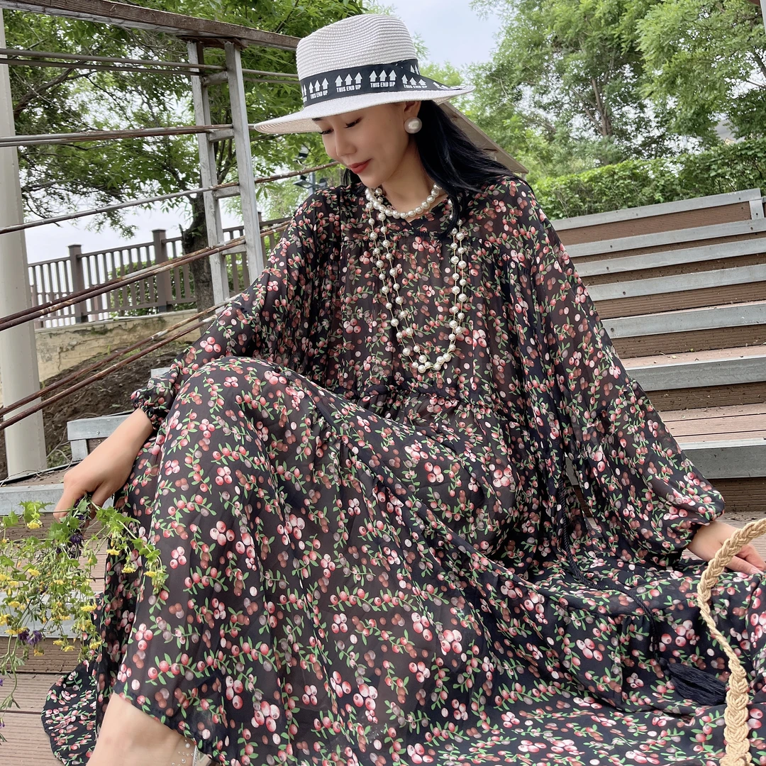 49#依佰多显瘦长款气质雪纺棉纱碎花连衣裙宽松连衣裙