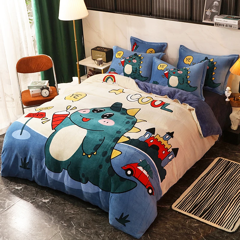 秋冬加厚双面牛奶绒卡通四件套法兰绒学生宿舍单人三件套加绒被套