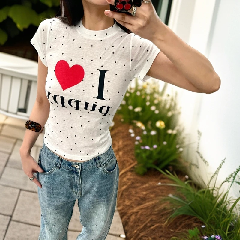 美式辣妹波点白色正肩短袖t恤女夏季设计感小众别致紧身短款上衣