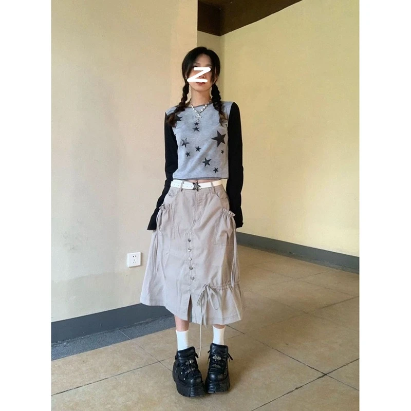 美式潮牌星星印花拼接修身长袖T恤女辣妹秋新款短款显瘦上衣潮