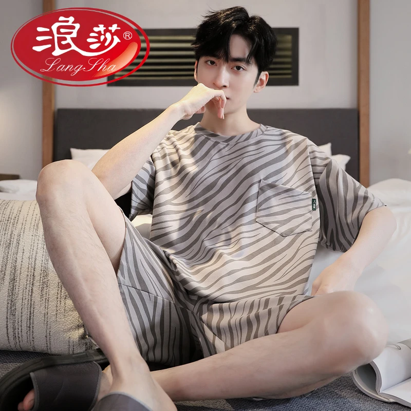 浪莎新款可外穿男士睡衣夏季短袖短裤青少年学生宽松家居服可外穿