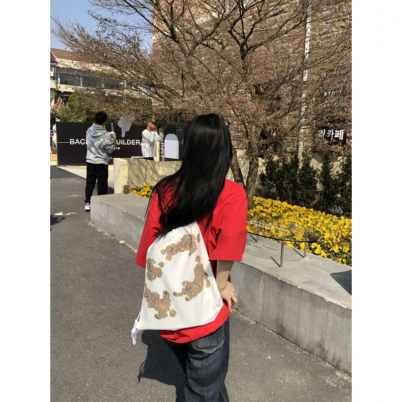 凡他姨【卷毛狗狗】自制可爱小众数码印花双肩包帆布包抽绳布袋子