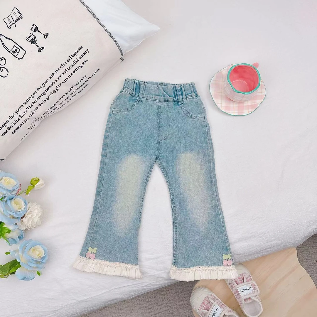 2024新款春秋装阔腿樱桃花边女童喇叭牛仔裤 D-V823