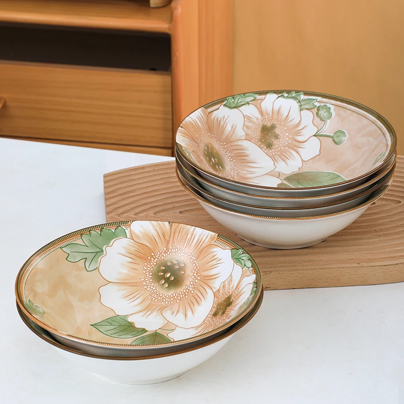 【工厂直发】8英寸面碗6只山茶花汤碗家用汤碗釉下彩陶瓷