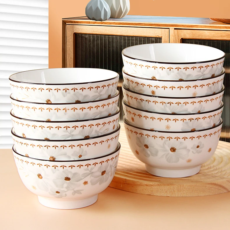 【工厂直发】W花漾4.5英寸雨石碗10只装釉下彩米饭碗创意家用叁