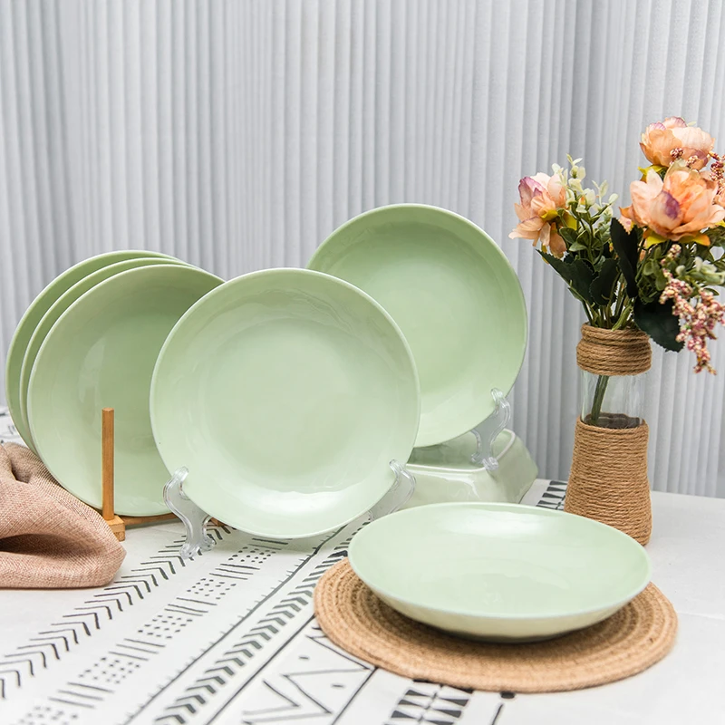 【老板来了】奶油风豆绿色8英寸盘新款陶瓷菜盘小清新果盘陆