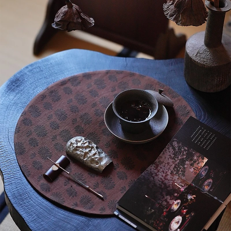 钟声刺绣 古法手工圆形柿染印花雏菊茶席置物垫 复古文艺茶道零配