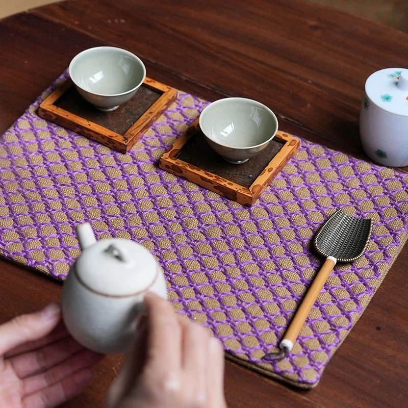 钟声刺绣 原创设计密款 长方斗笠孔茶席 置物垫隔热垫 茶道零配
