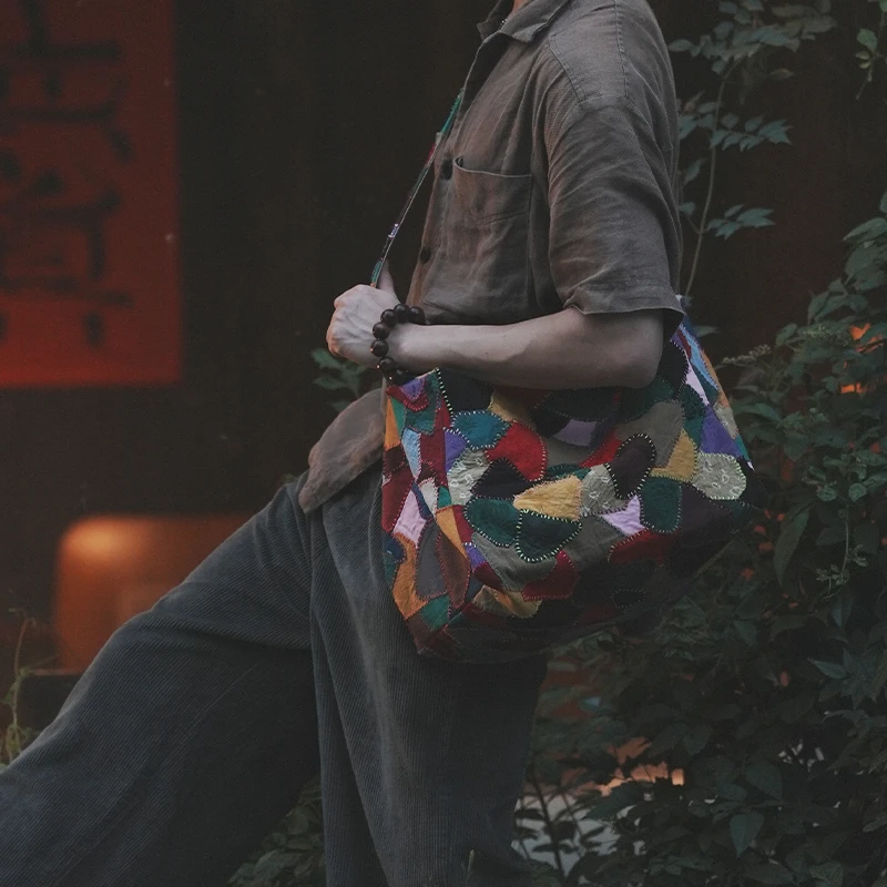 钟声刺绣 文艺纯手工缝制棉麻多巴胺包拼接包便携收纳包 茶道零配