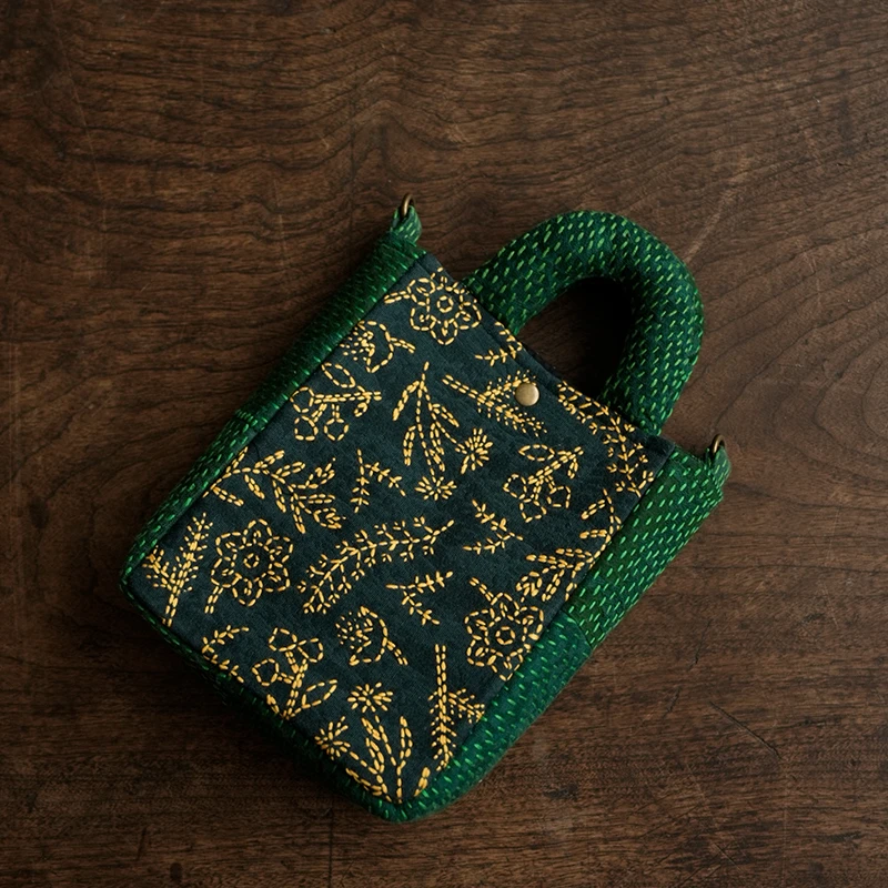 钟声刺绣 全手工缝制 繁花绿拼密密缝手提单肩斜挎包 茶道零配