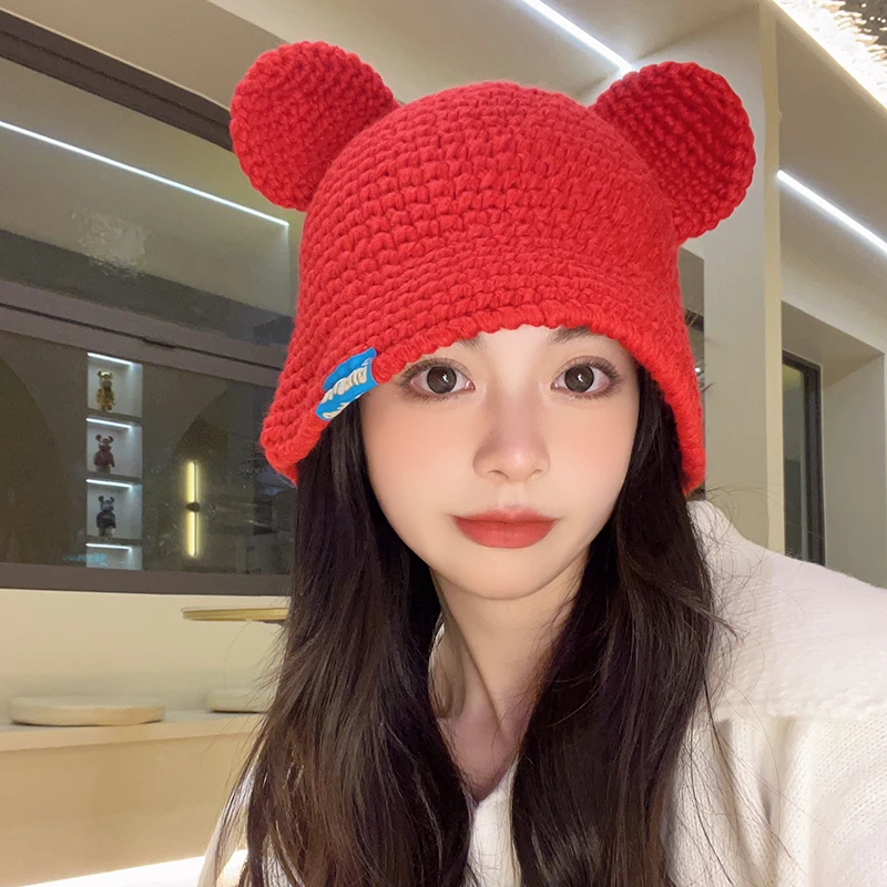 圣诞针织帽女秋冬季保暖红色渔夫帽米奇耳朵时尚百搭小众毛线盆帽