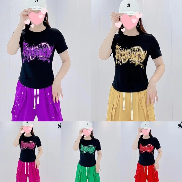 516彩色修身短款收腰彩色时尚印花修身显瘦弧形下摆短袖上衣夏季