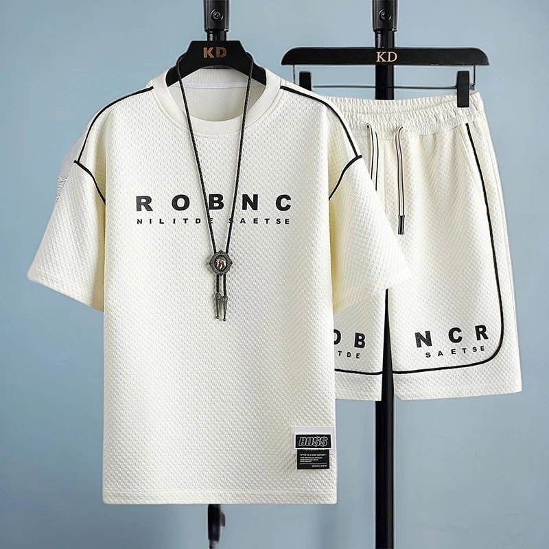 夏季冰爽华夫格休闲运动一套套装男宽松短袖t恤短裤薄款透气潮流