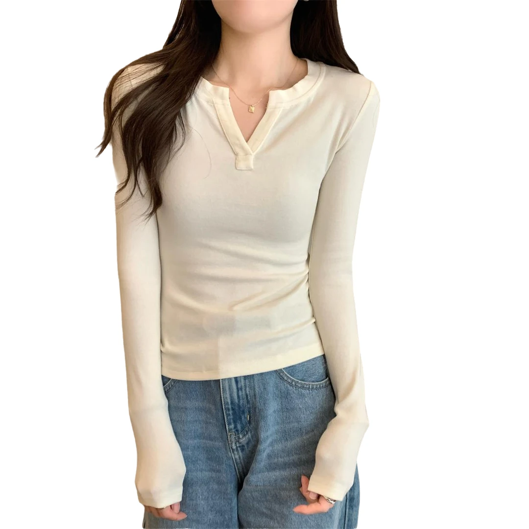 春秋2024长袖气质女韩版半开领修身显瘦T恤纯欲纯色打底小众百搭