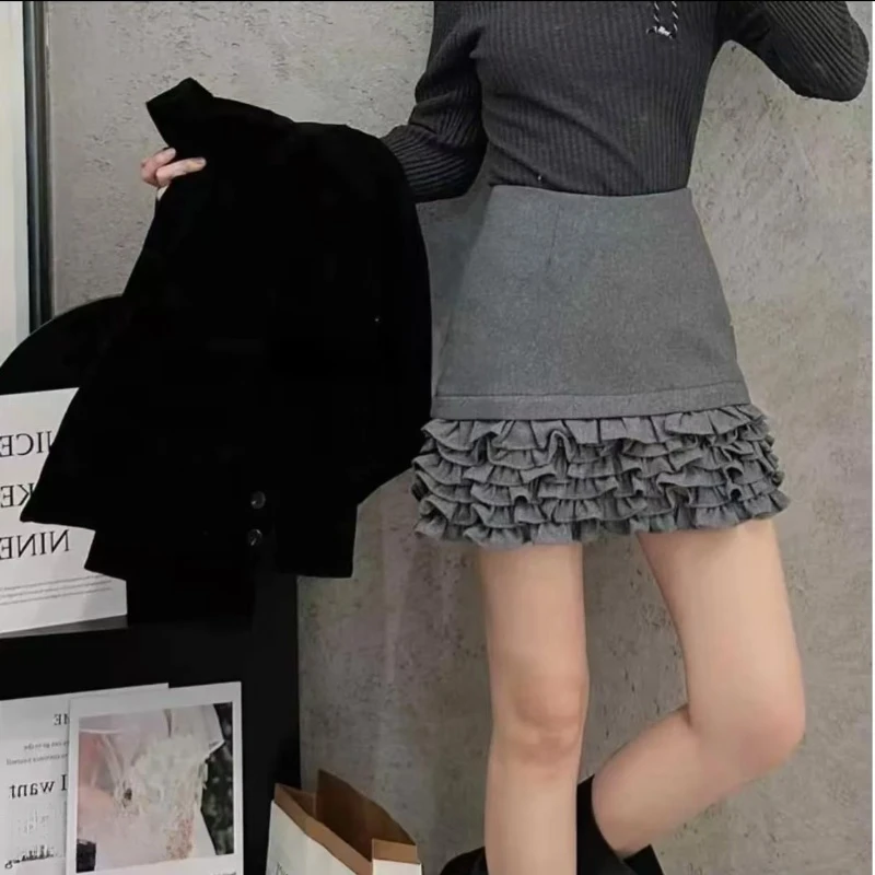 法式秋冬新款高腰a字短裙复古小众设计感木耳边毛呢芭蕾裙半身裙