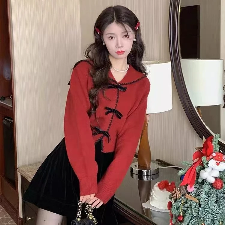 温柔韩系圣诞蝴蝶结软糯毛衣秋冬新款桐乡嘉兴濮院高级感针织上衣