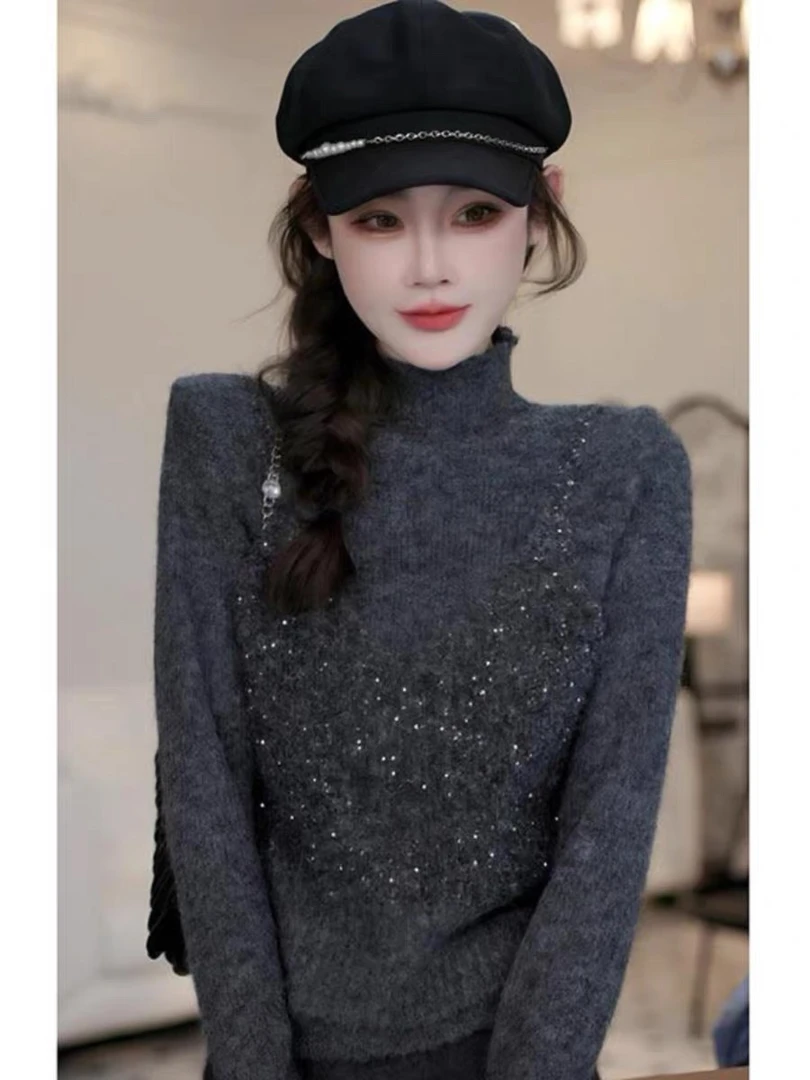 假两件亮片背心针织衫女2024新款冬季毛衣时尚减龄显瘦半高领上衣