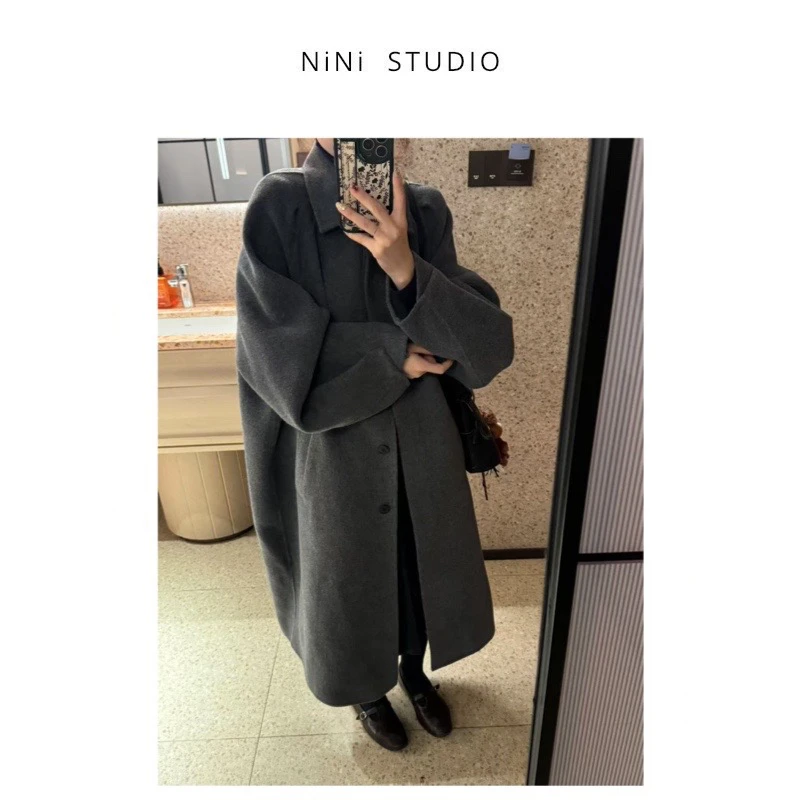 NiNi:高定设计感灰色绵羊毛大衣～