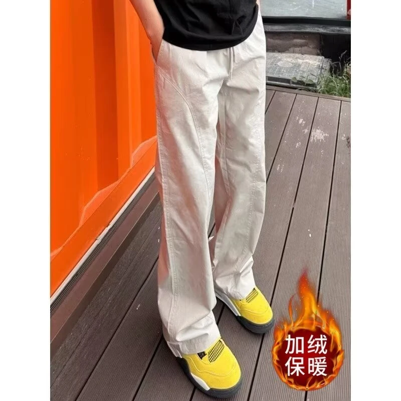 美式基础斜切百搭休闲裤男新款显瘦显高潮流宽松直筒工装微喇长裤