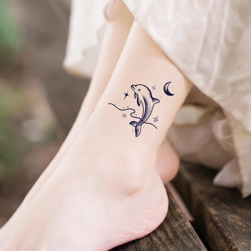海豚草本纹身防水贴纸女防汗持久不反光果汁半永久脚踝手臂仿真贴