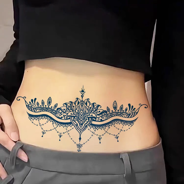 腹部草本纹身防水持久贴纸女防汗不反光果汁半永久肚子遮瑕仿真贴