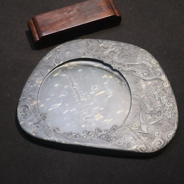 水舷坑暴雨金星云纹海浪山海神兽老坑歙砚18.2×14.1×1.6cm