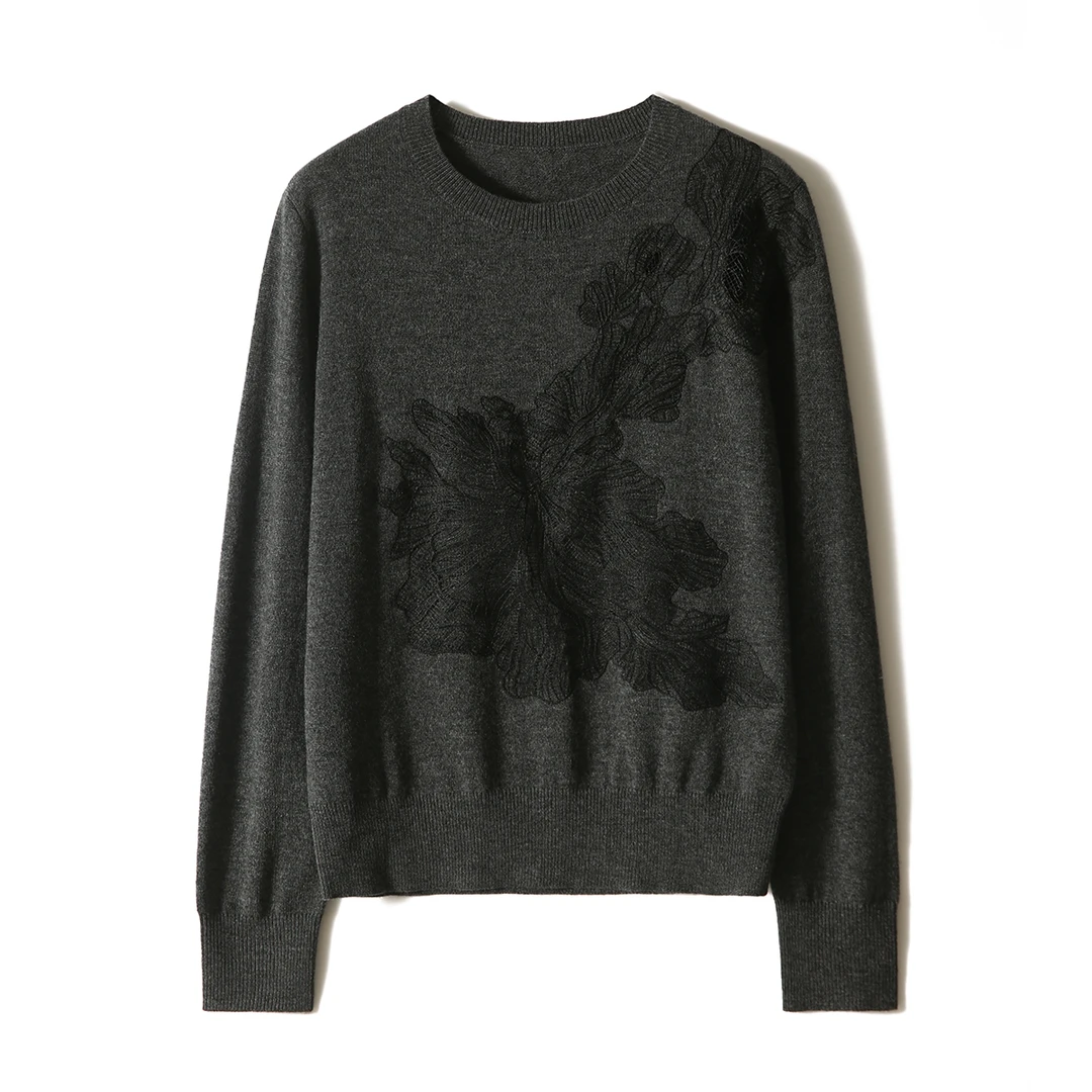 【九月木兮】花间迷雾羊绒羊毛花边刺绣慵懒套头针织衫S72922ZYJAG