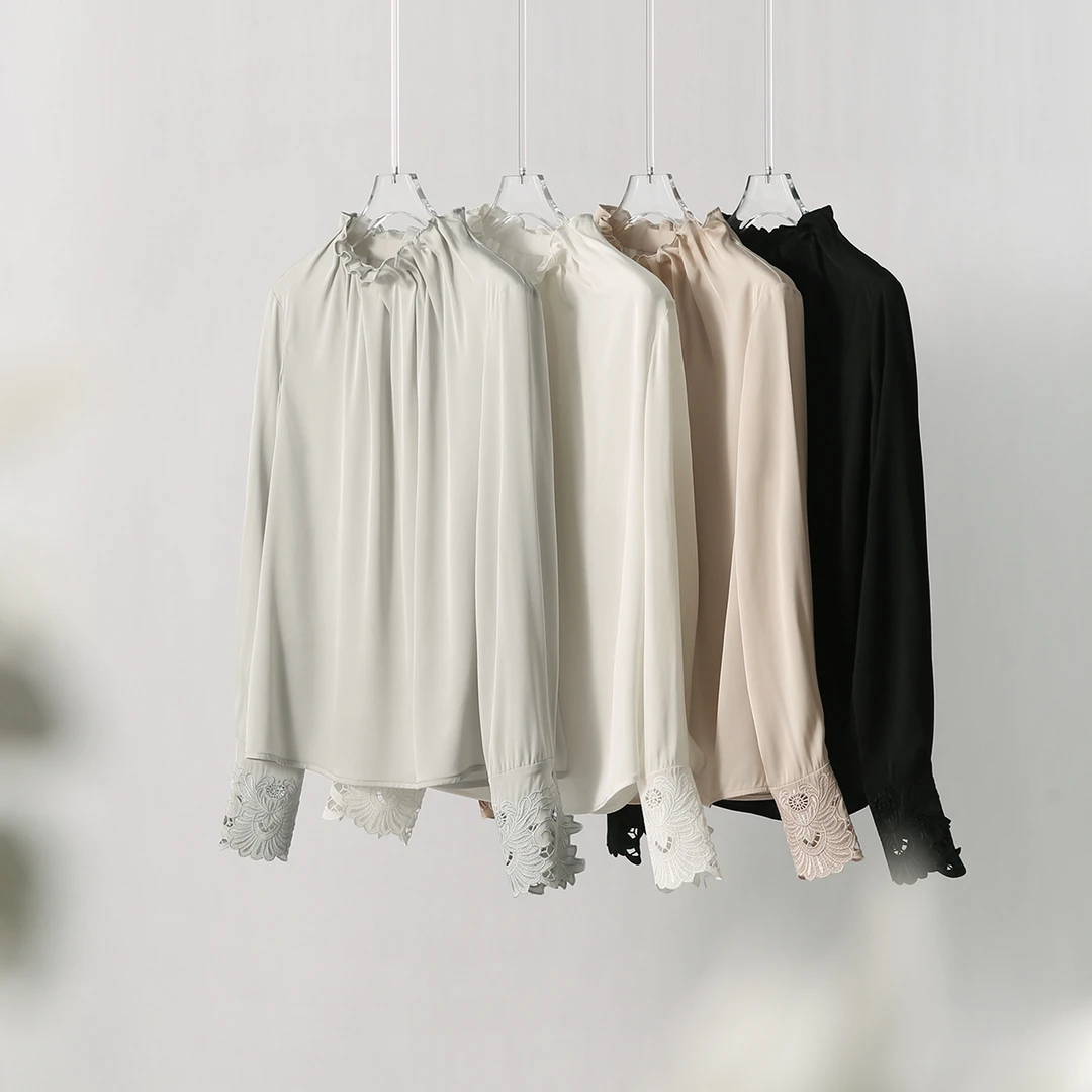 SEPT CHIC 松紧木耳领 重磅19mm弹力双乔缎桑蚕丝衬衫S61656SYBAG