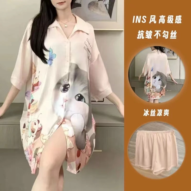 网红夏季新款短袖冰丝睡裙女宽松大码衬衫睡衣夏天女可外穿家居服