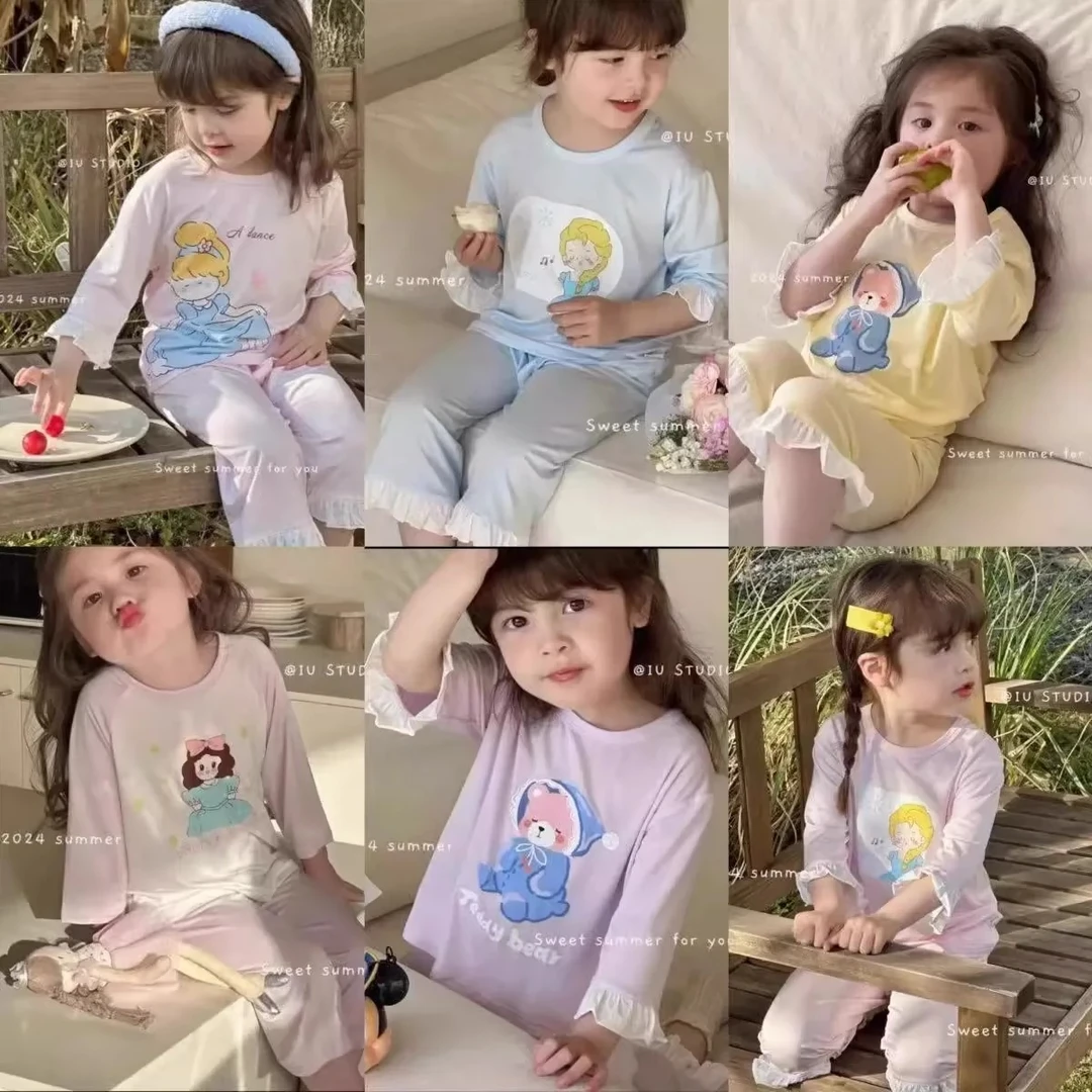 夏季睡衣女童宝宝七分短袖家居服套装儿童小童莫代尔薄款空调轻薄