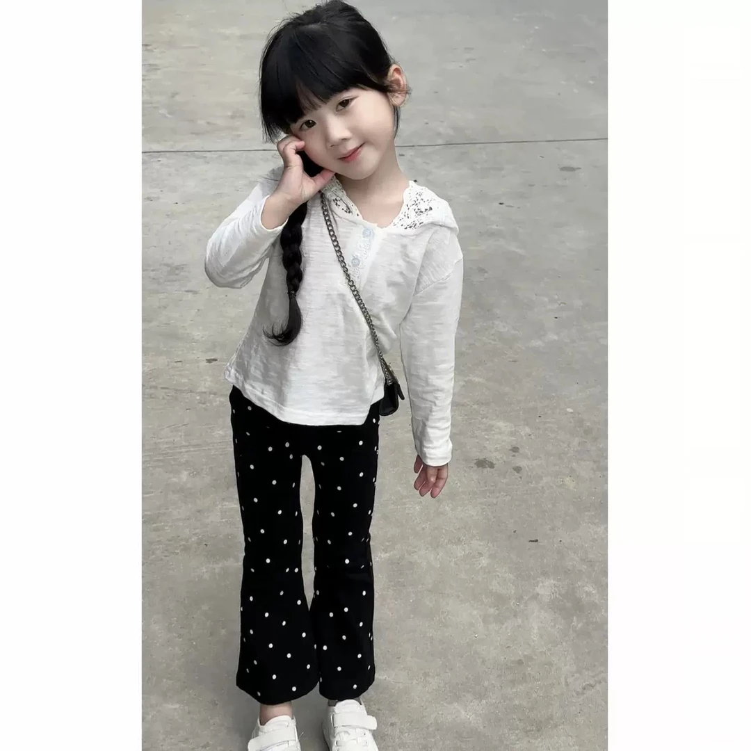 女童秋季新款套装蕾丝连帽上衣女宝宝圆点喇叭裤休闲百搭两件套