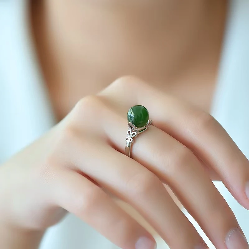 镶嵌和田玉碧玉时来运转时尚轻奢国风戒指合金