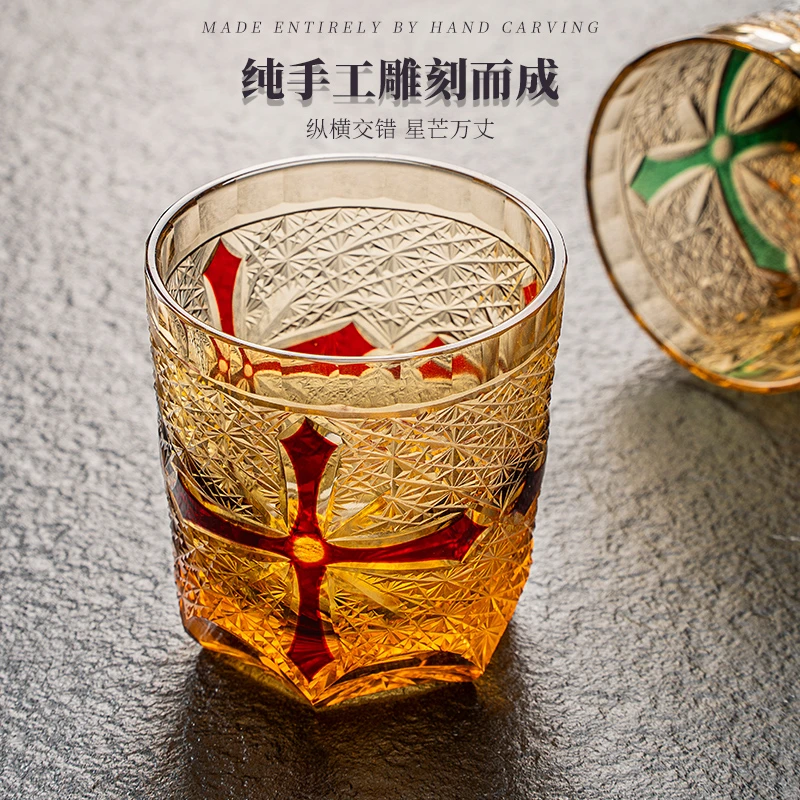 江户切子日式威士忌洋酒杯纯手工雕刻伴手礼家用套装威士忌酒杯