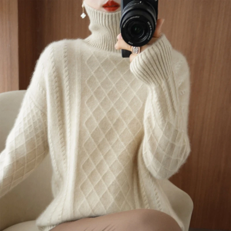 新款100%纯羊毛衫女士高领堆堆领重工网红加厚百搭显瘦针织毛衣女