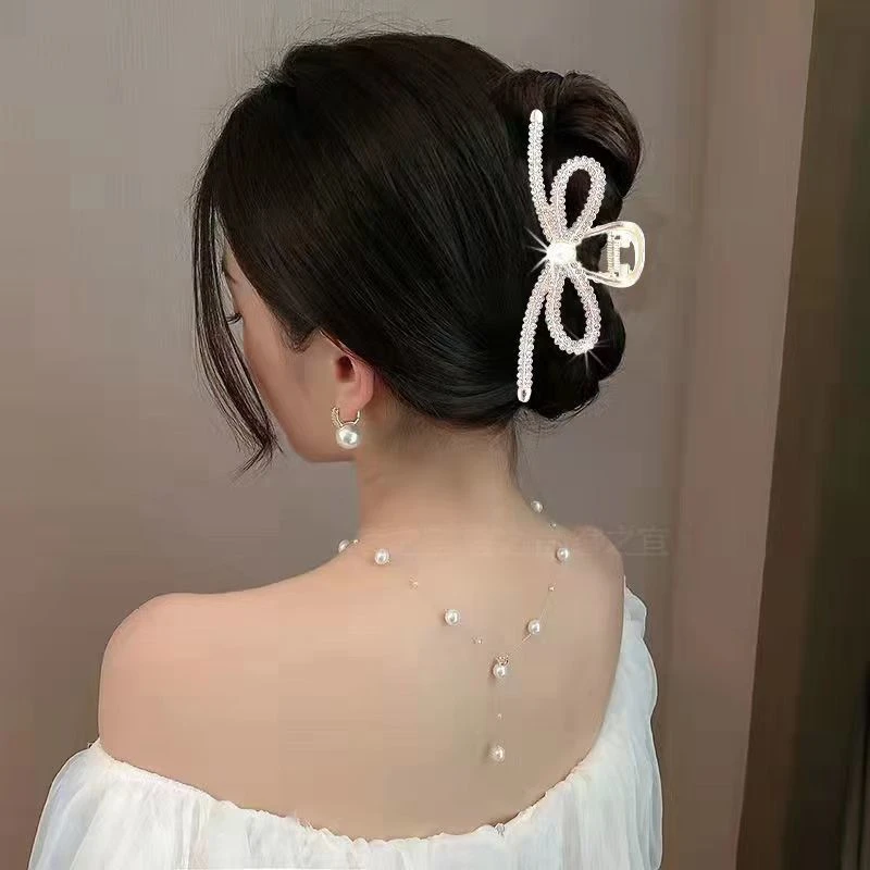 A53新款合金高级感气质蝴蝶结珍珠镶钻后脑勺抓夹盘发夹女头饰