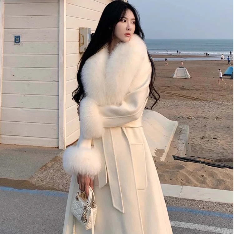 瑞秋【明月贵族】秋冬新名媛气质真狐狸毛领羊毛双面呢大衣保暖外套