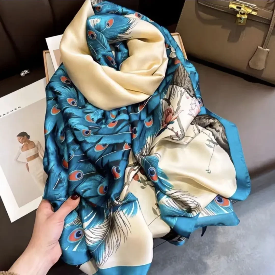 丝巾005孔雀开屏丽锦缎180*80新款爆款女ins风网红百搭时尚印花女