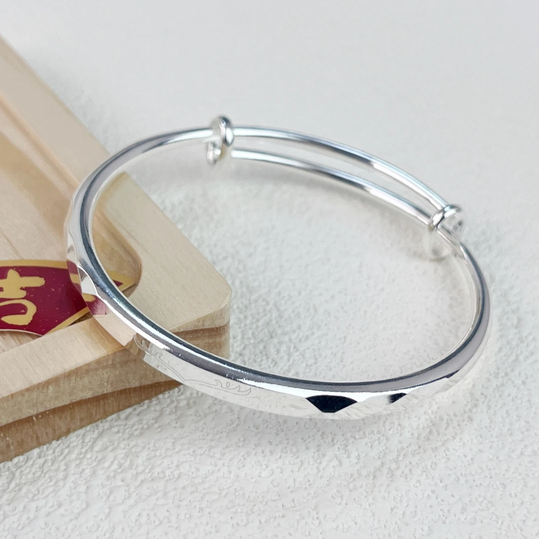 足银手镯 足银999.9 3号推拉可调节手镯手工实心简约