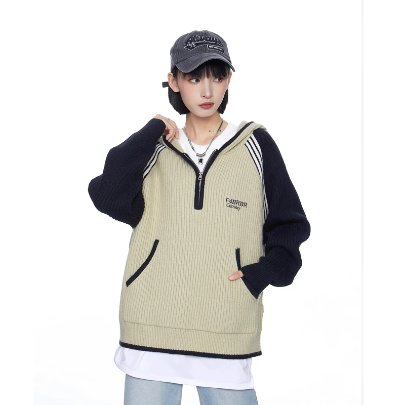 插肩袖连帽针织毛衣女秋冬外穿oversize慵懒风套头半拉链卫衣外套