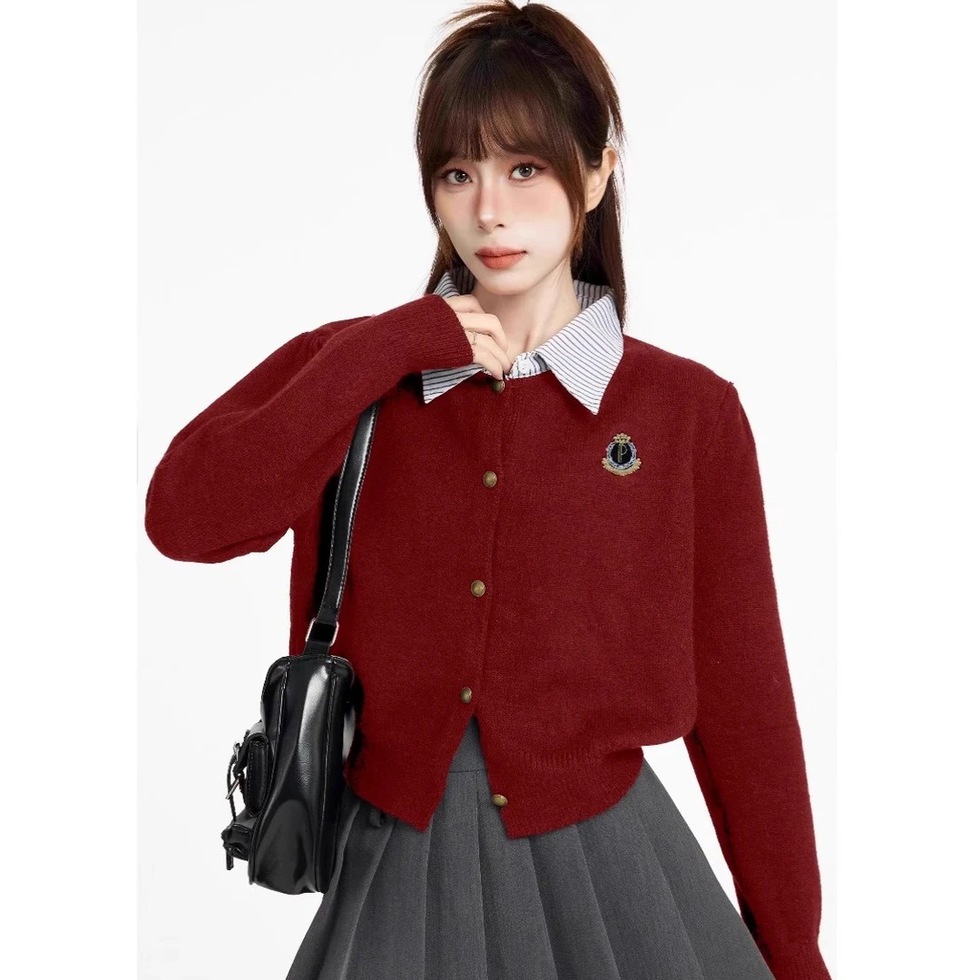 圣诞过年红色polo领假两件短款毛衣女秋冬季学院风宽松加厚针织衫