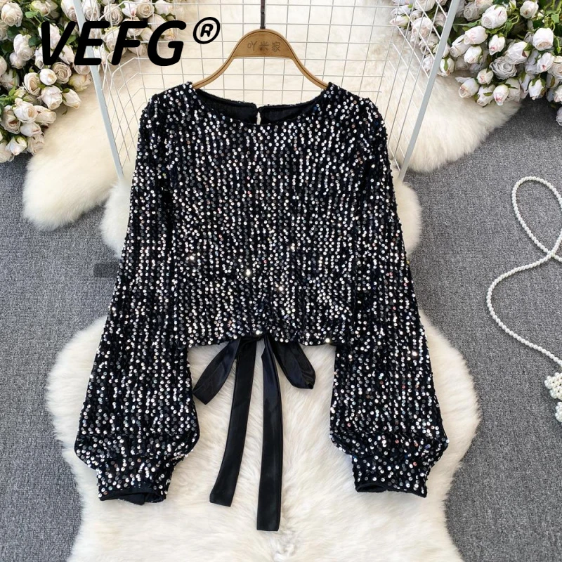 VEFG秋冬欧美风时尚T恤亮片丝绒圆领露背蝴蝶结系带休闲洋气上衣