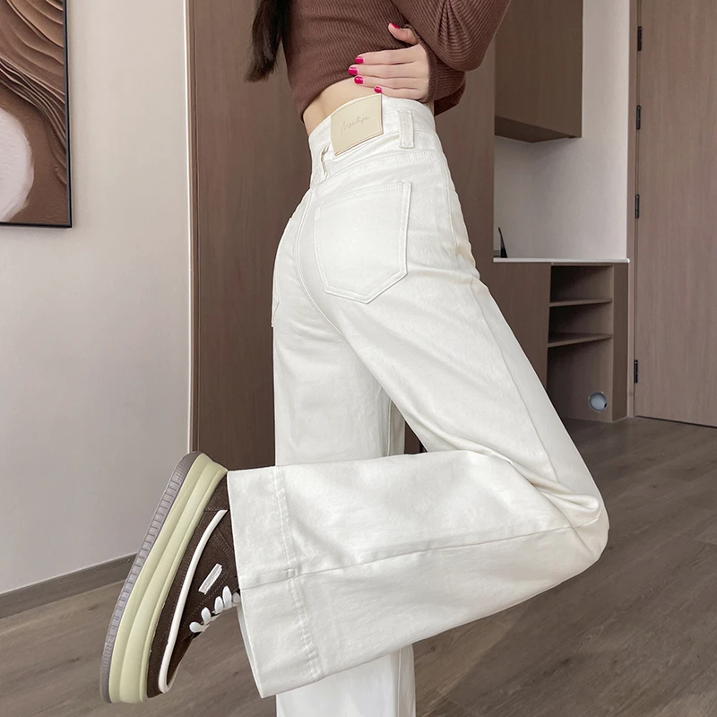白色喇叭阔腿牛仔裤女春秋弹力牛仔显瘦垂感拖地微喇牛仔微喇叭裤