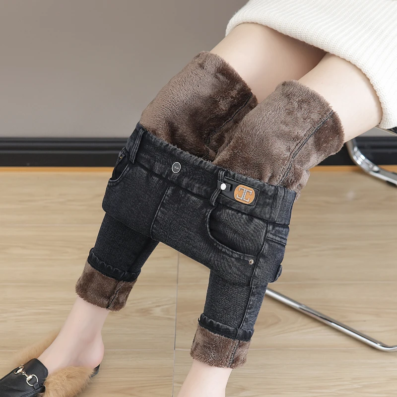 加绒加厚黑色小脚牛仔裤女秋冬2023新款松紧高腰大码弹力紧身靴裤