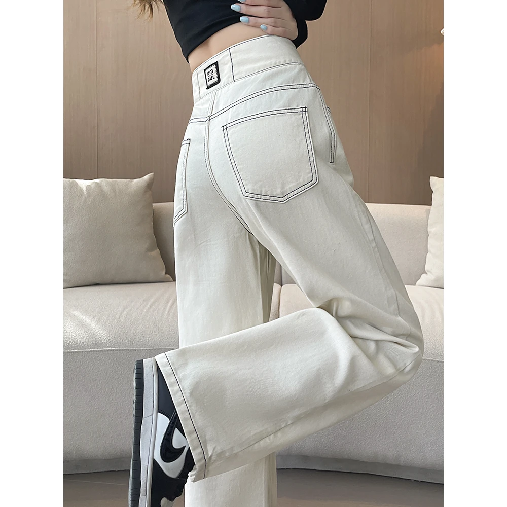 高腰米白色阔腿牛仔裤女秋季2024年新款宽松显瘦百搭直筒拖地裤子