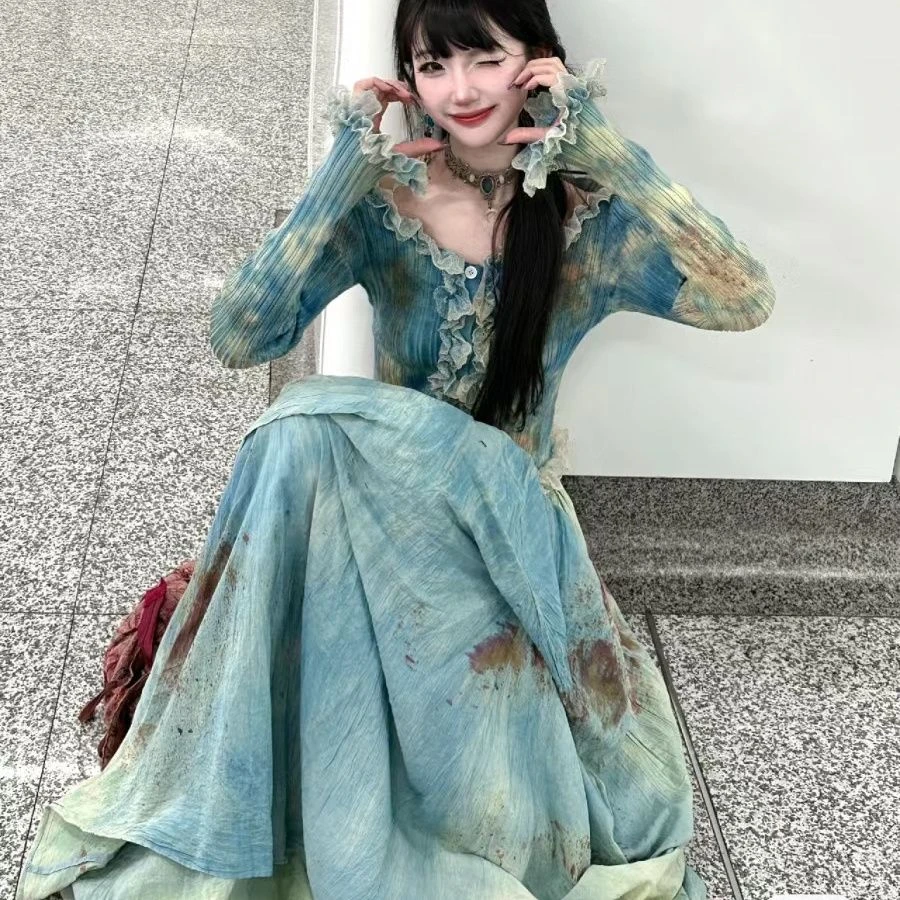 2024年法式复古时尚扎染春秋季连衣裙小众收腰上衣气质长裙套装