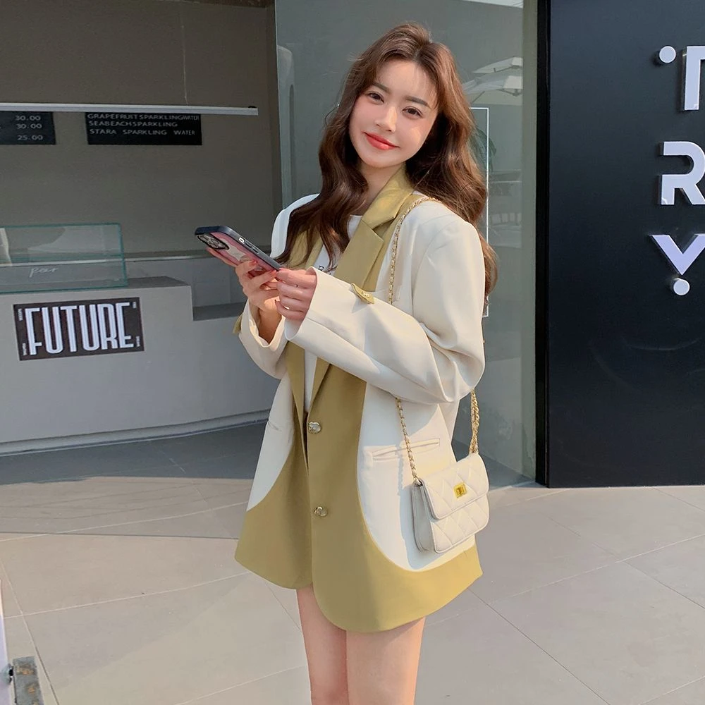 撞色拼接设计感小众西装外套女春秋2024新款韩版宽松休闲小西服潮