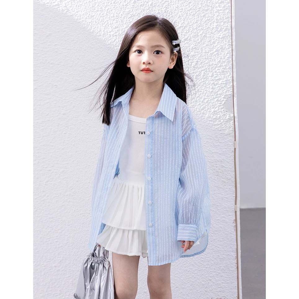 【冰感莱赛尔天丝+洋气薄款防晒衫】女童防晒外套韩版条纹衬衫