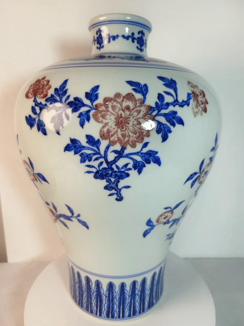 纯手绘仿古青花瓷釉里红三花三果梅瓶陶瓷花瓶