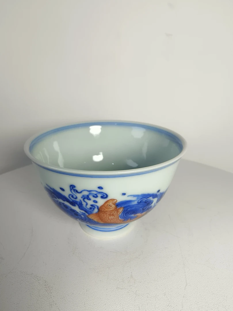 窑主亲工纯手绘青花矾红品茗杯功夫茶具主人杯陶瓷